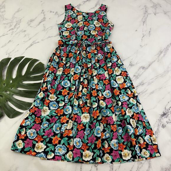 Talbots Vintage 90s Pleated Midi Dress Size 8 Pink Green Floral Buttons Pockets - Picture 1 of 11